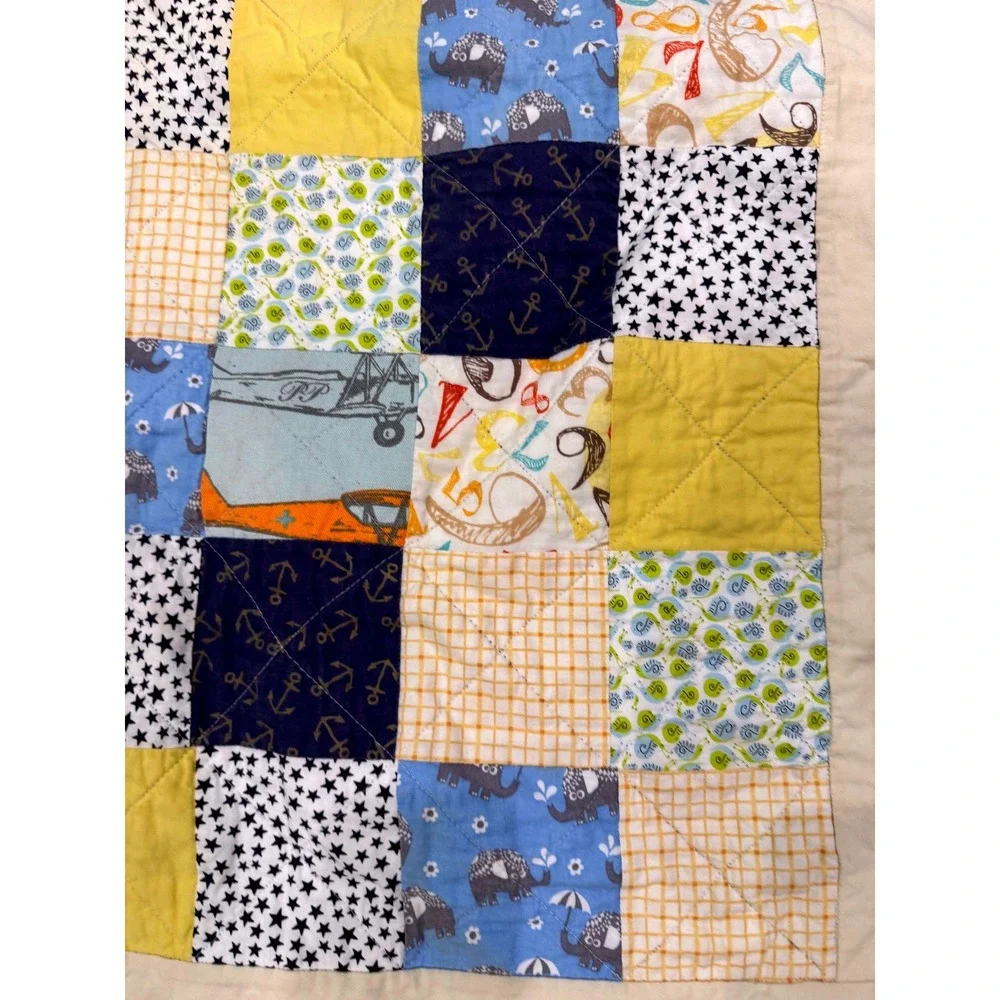 Handmade Baby Quilt Airplane Aviation Patchwork Minky Backing 40x39 Nursery